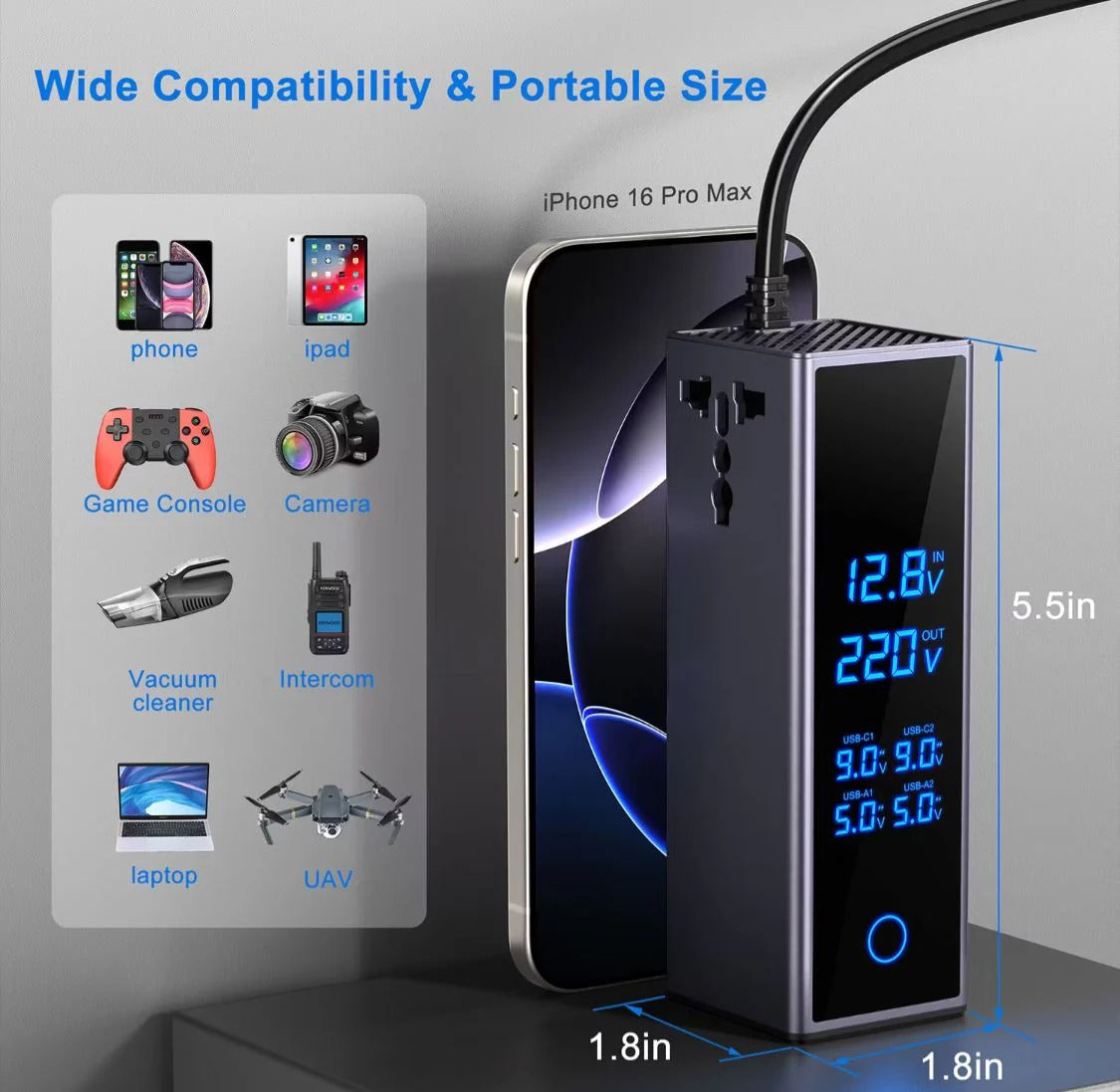 Socket Car Power Inverter – 300W with PD 36W, QC3.0 & AC Outlet