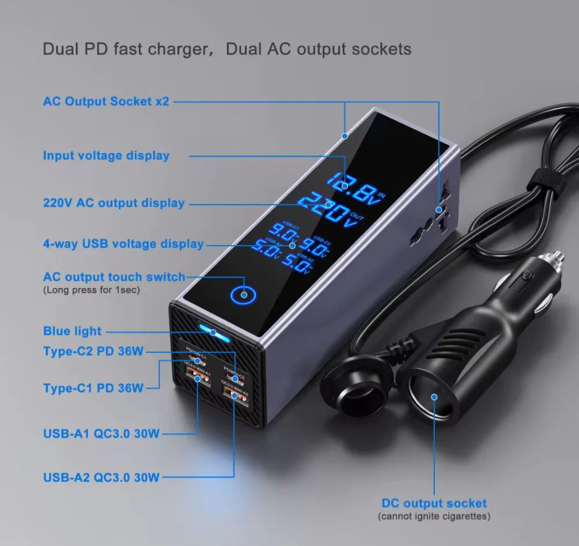 Socket Car Power Inverter – 300W with PD 36W, QC3.0 & AC Outlet
