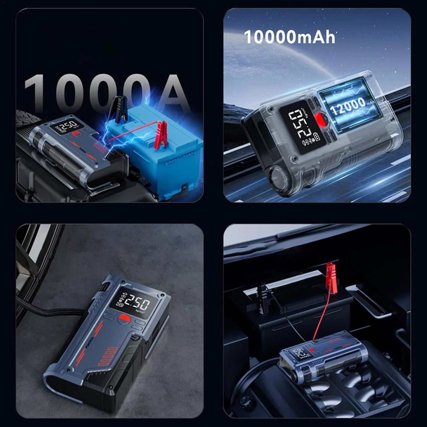 Portable Car Jump Starter with Digital Display – 3-in-1 Jump Starter, Air Compressor & Power Bank
